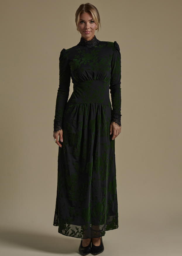 Flocked Mesh Lace Dress Green Velvet / XL Flocked Mesh Lace Dress Green Velvet / XL