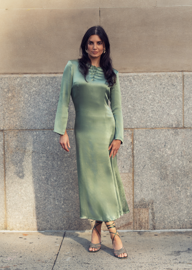 Satin neck tie dress -sage