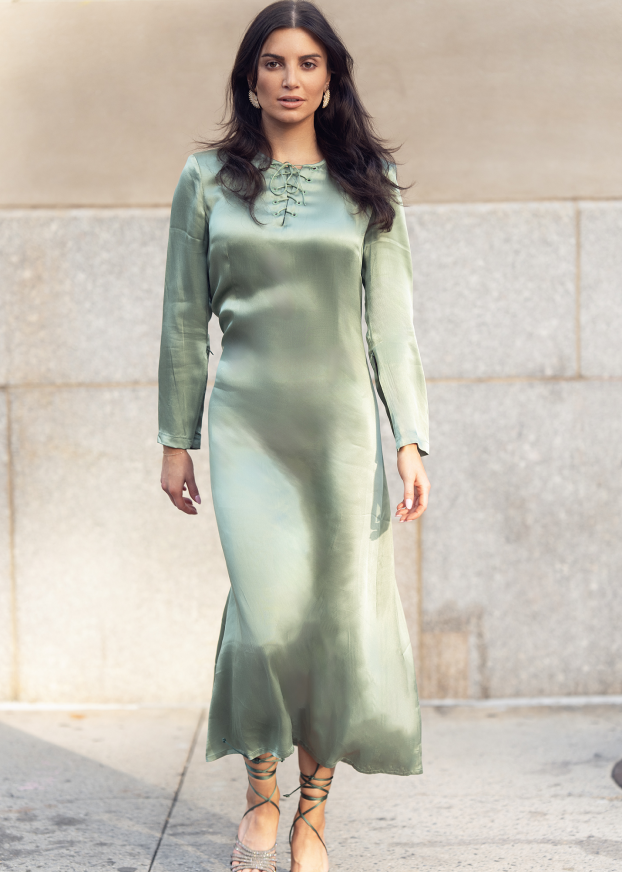 Satin neck tie dress -sage