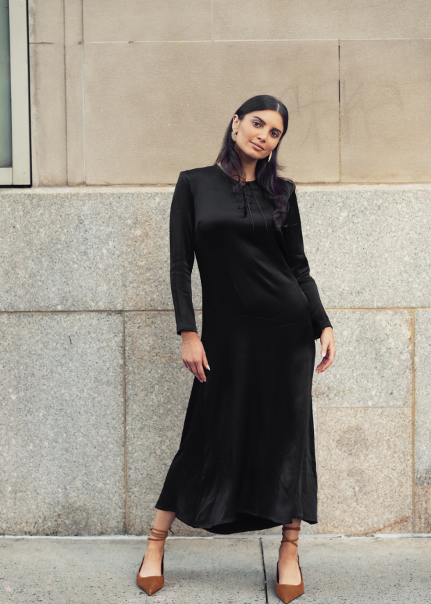 Satin neck tie dress -black