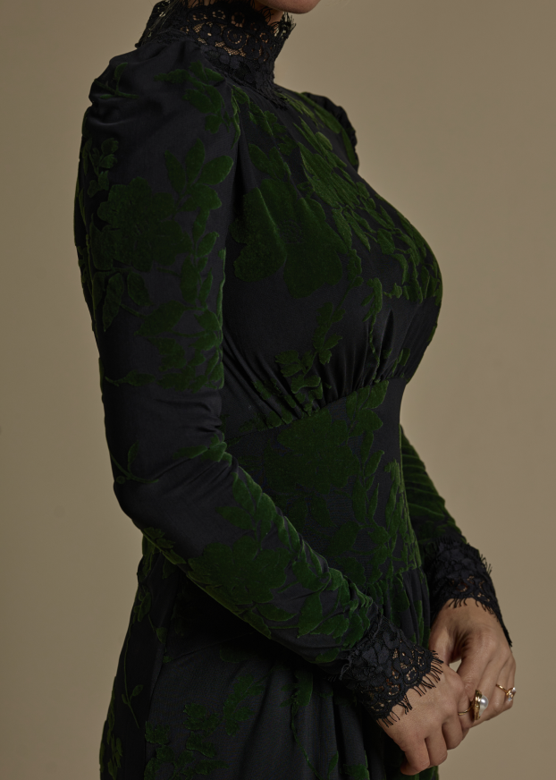 Flocked Mesh Lace Dress Green Velvet / XL Flocked Mesh Lace Dress Green Velvet / XL