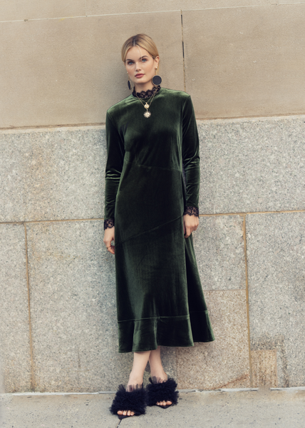 Velvet Scallop Lace Dress Brown / XXS