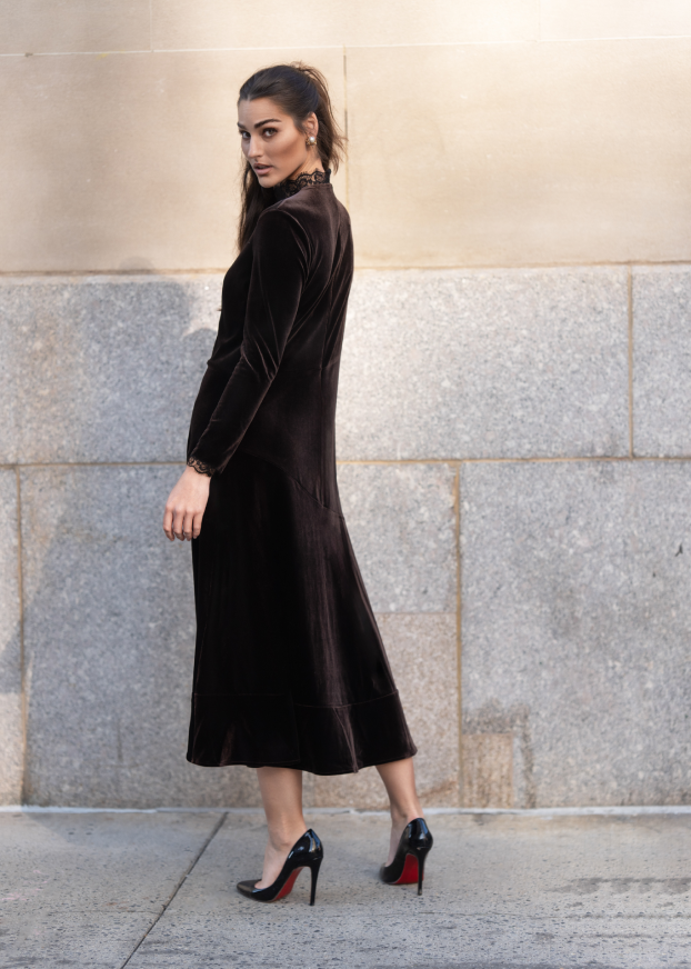 Velvet Scallop Lace Dress Brown / XXS Velvet Scallop Lace Dress Brown / XXS